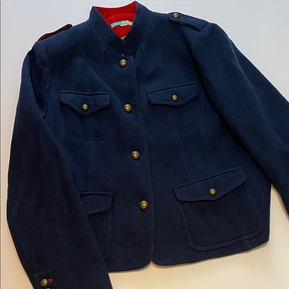 Boden Navy Wool Jacket with Red Velvet Lining